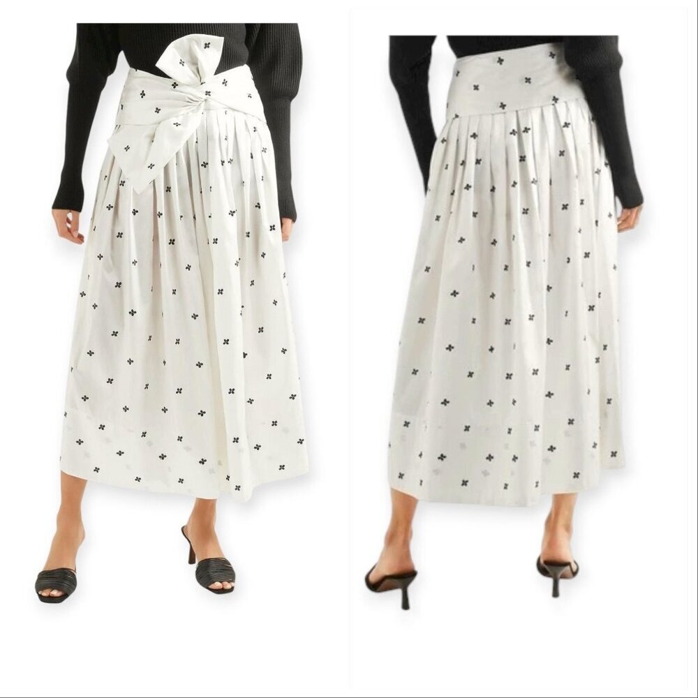 Ulla Johnson Aglae Blanc Bow Taffeta Midi Skirt NWT Size 4 Floral Embroidered